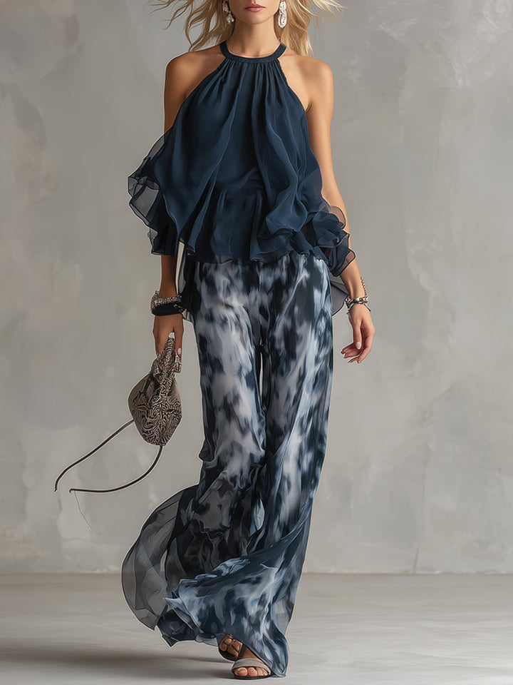 Ludovica – Ensemble en chiffon élégant avec haut à col montant et pantalon large imprimé