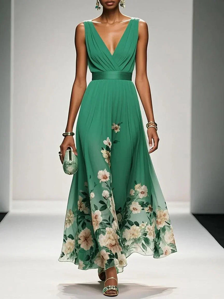 Rose | Robe Maxi Chiffon Fleurie V-Col Light Blue