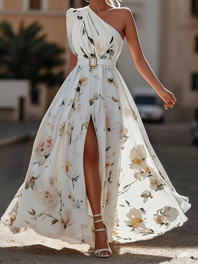 Julie | Robe Maxi à Fleurs Vert Clair à Une Épaule