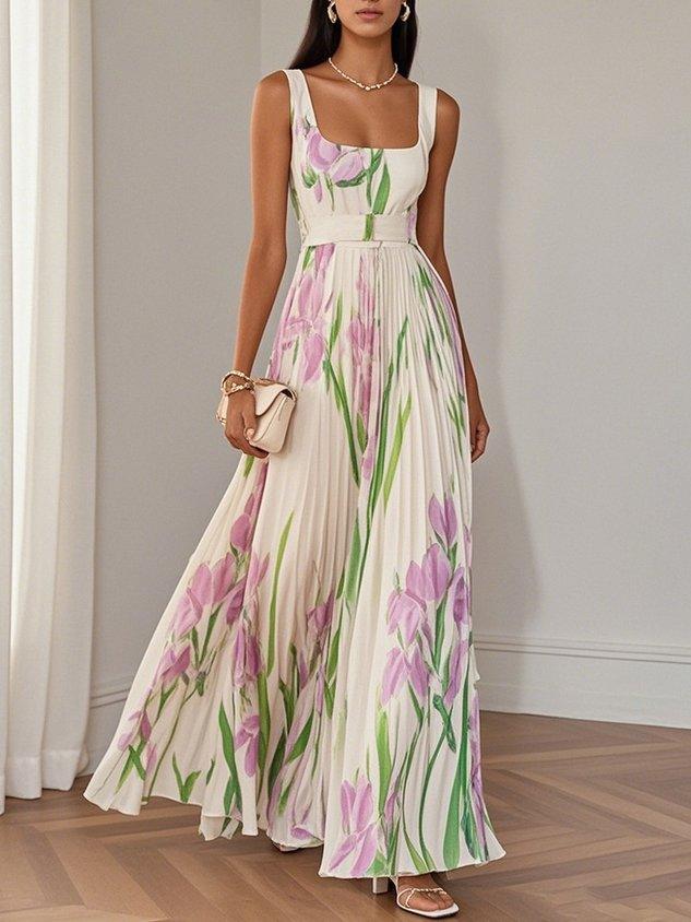 Marie | Robe Maxi en Chiffon Floral Plissé Blanc