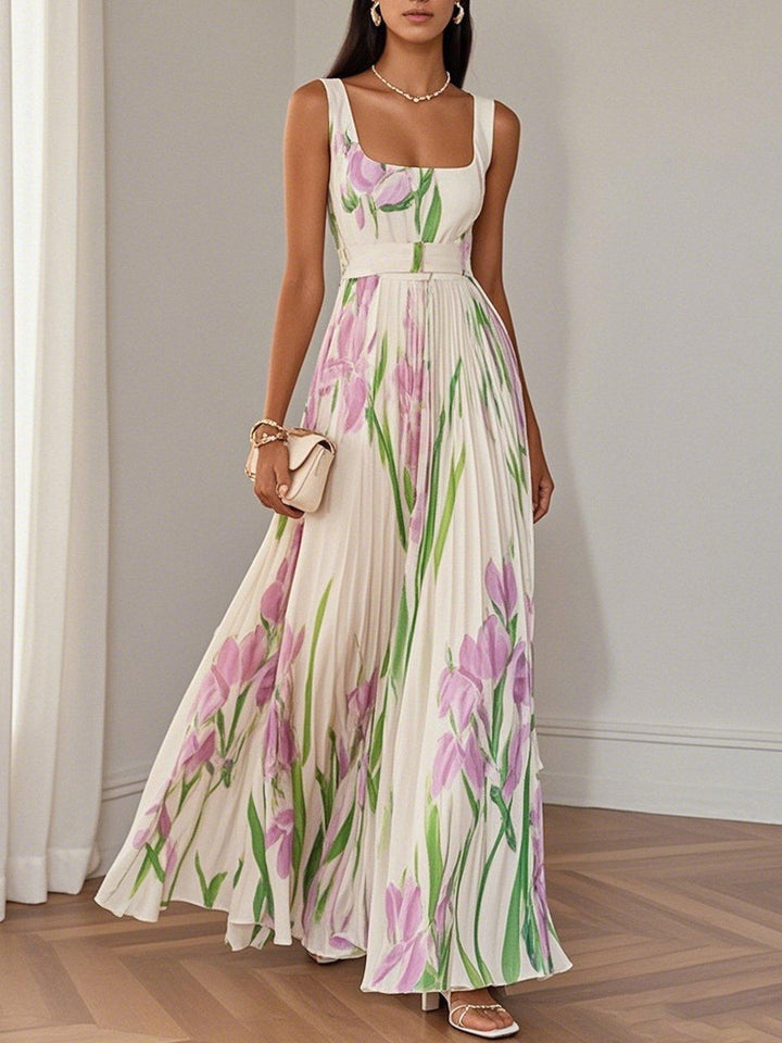 Marie | Robe Maxi en Chiffon Floral Plissé Blanc