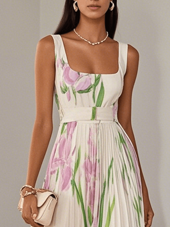 Marie | Robe Maxi en Chiffon Floral Plissé Blanc