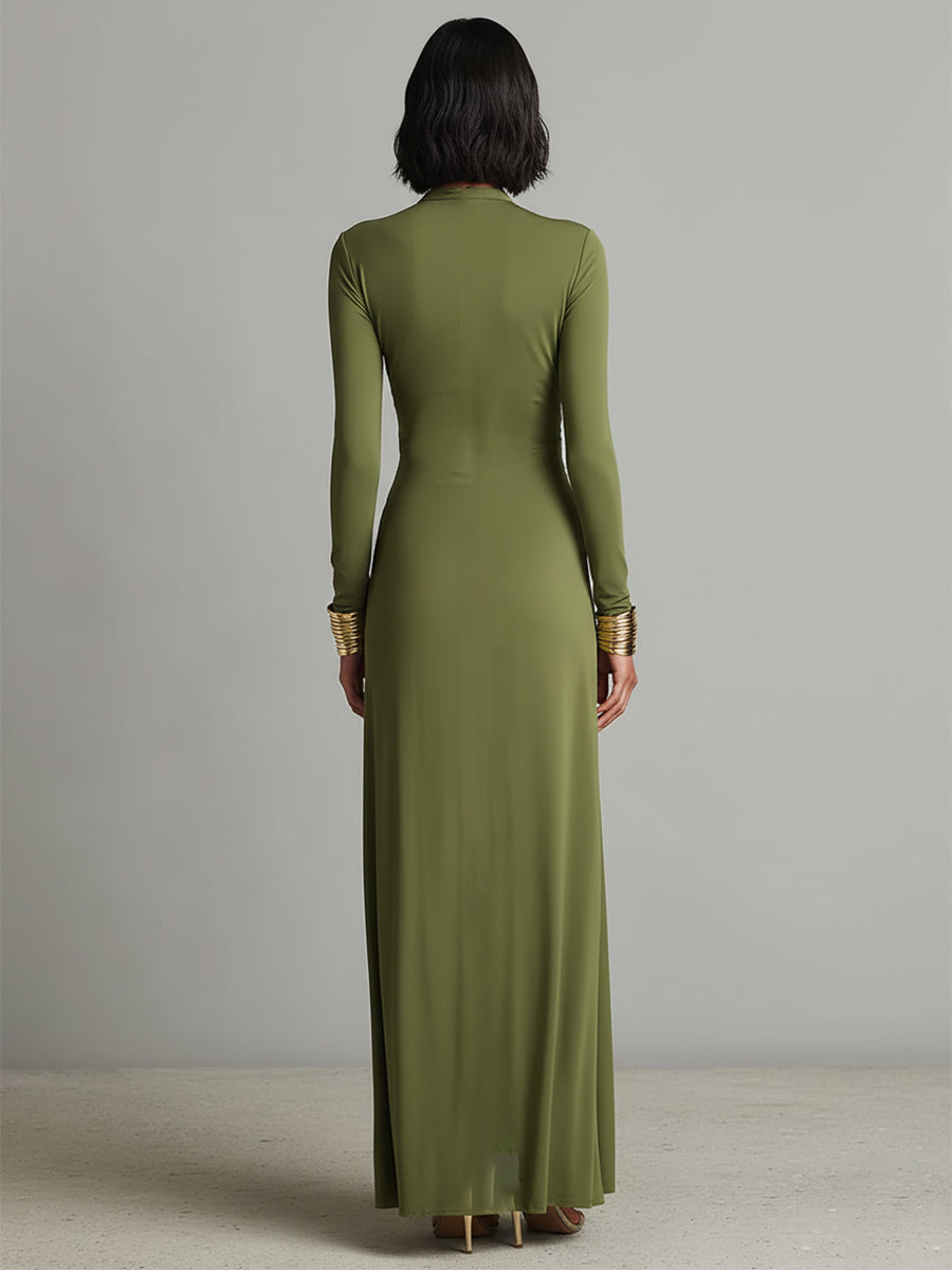 Robe Longue en Soie Élastique Verte Olive avec Décolleté en V Profond et Détails Volants, Robe Maxi Glamour