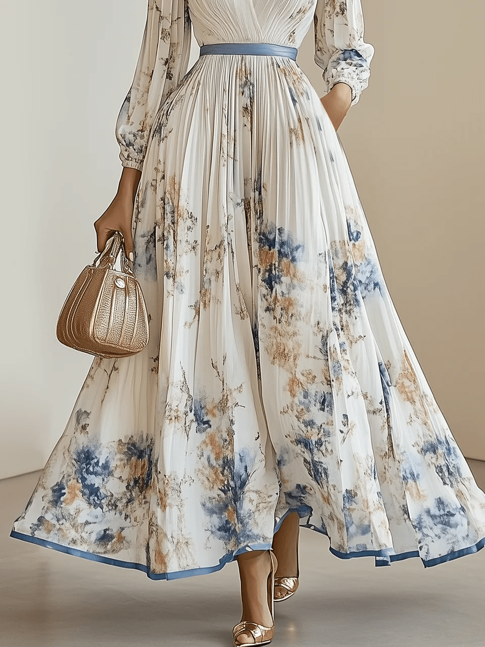 Amalia | Robe Maxi Chiffon Florale Blanche à Manches Bouffantes