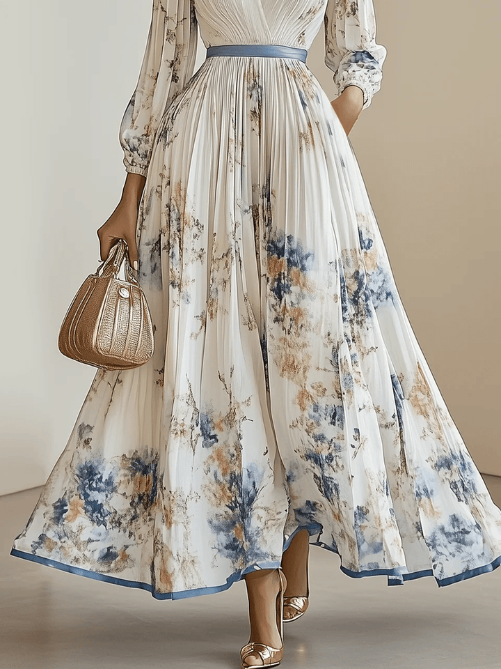 Amalia | Robe Maxi Chiffon Florale Blanche à Manches Bouffantes