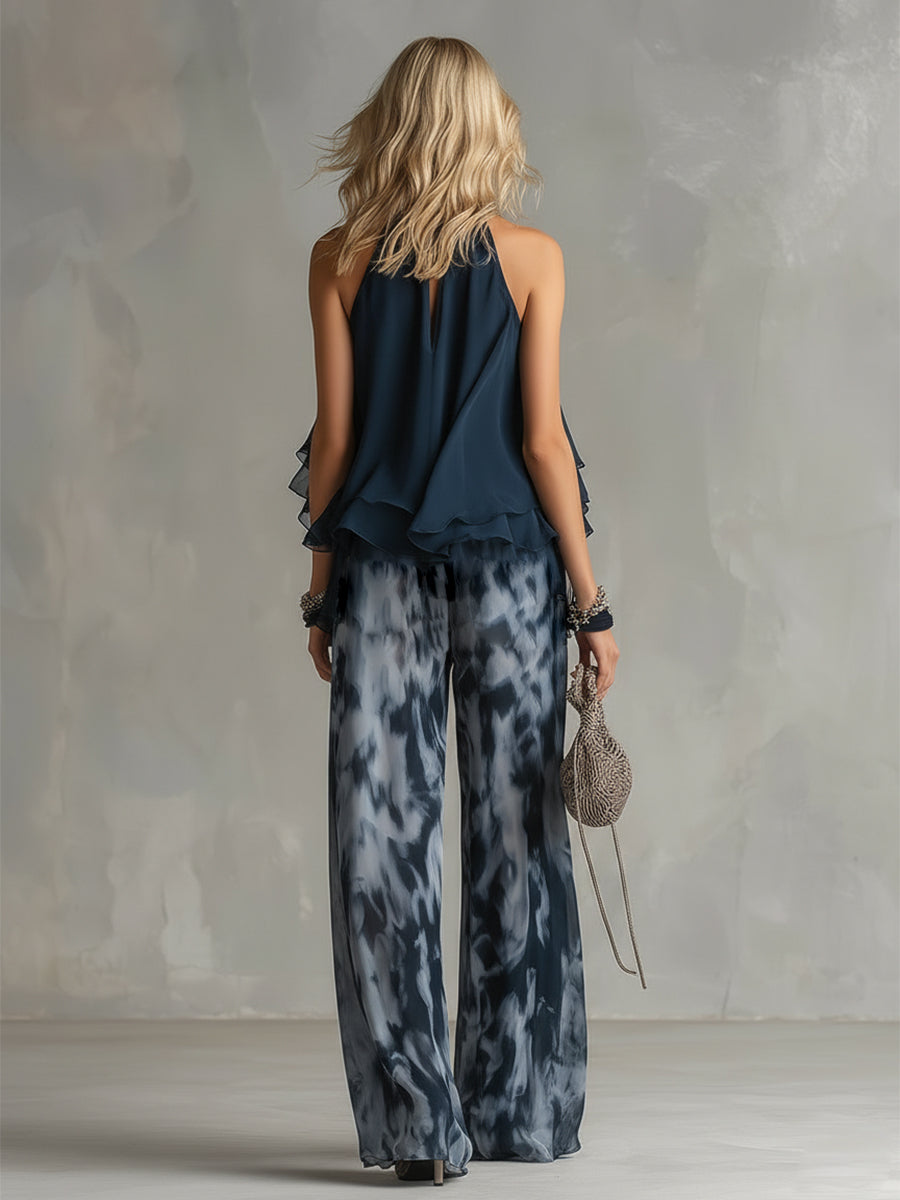 Ludovica – Ensemble en chiffon élégant avec top col montant et pantalons imprimés à jambes larges