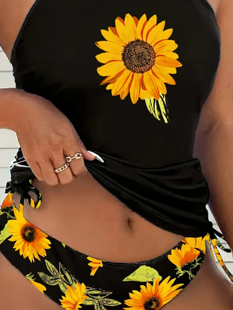 Soleado | Ensemble de tankini halter de tournesol qui couvre le ventre
