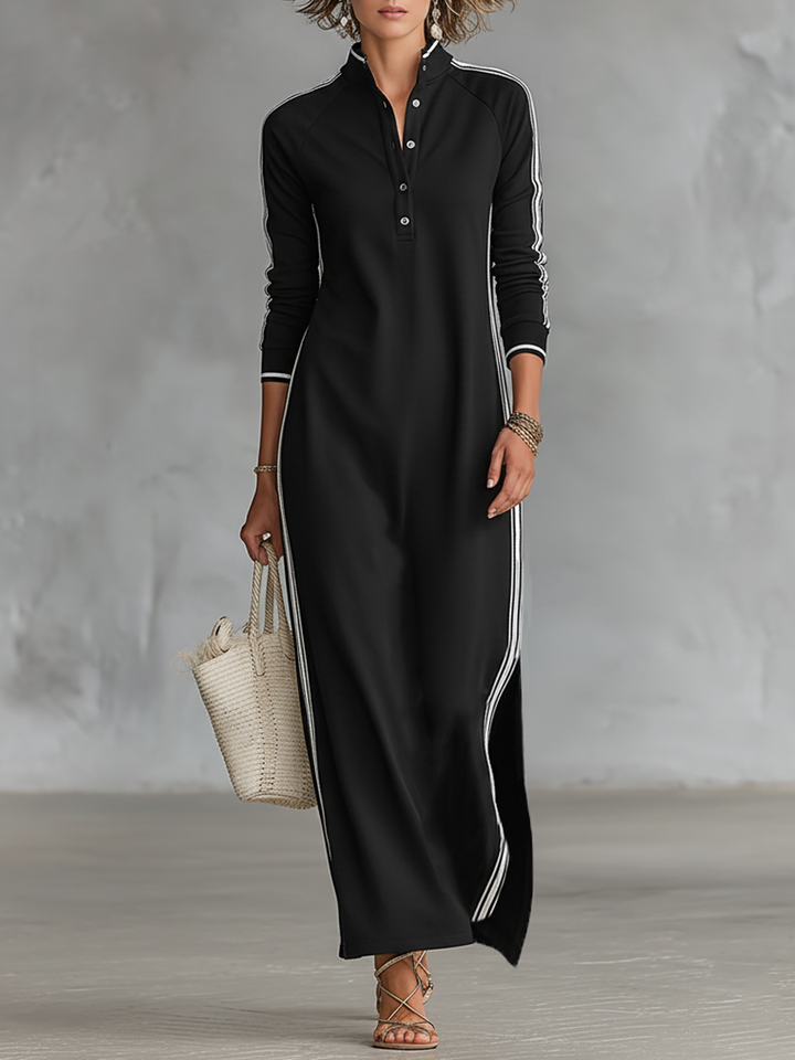 Robe Maxi Sweat à Col Boutonné et Détails Blancs pour Femmes