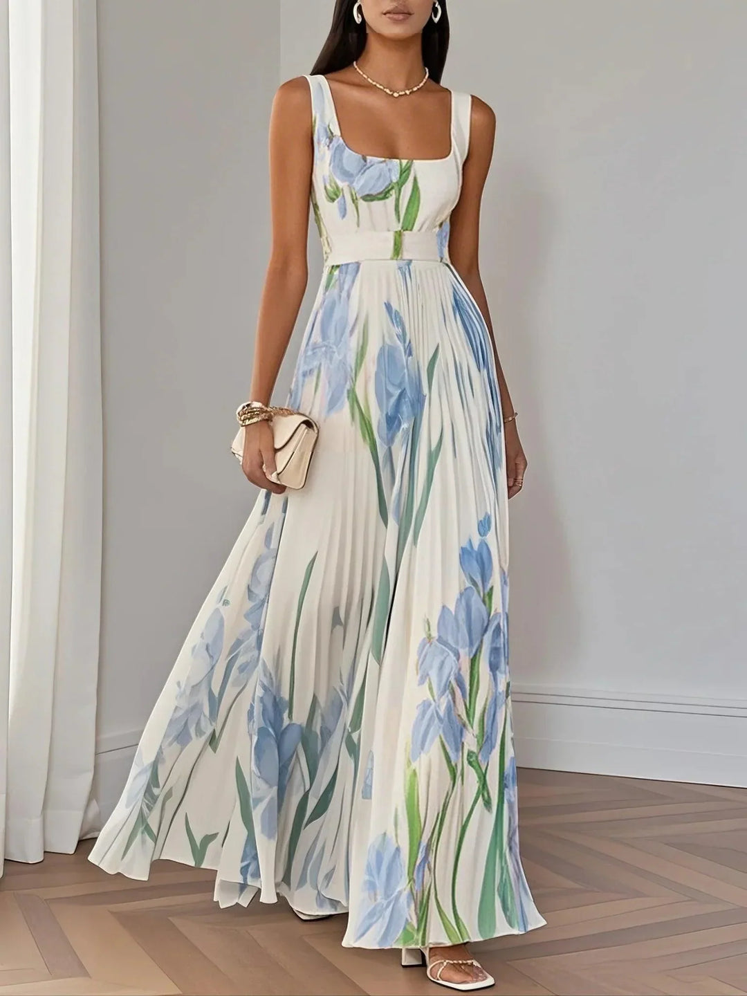 Marie | Robe Maxi en Chiffon Floral Plissé Blanc