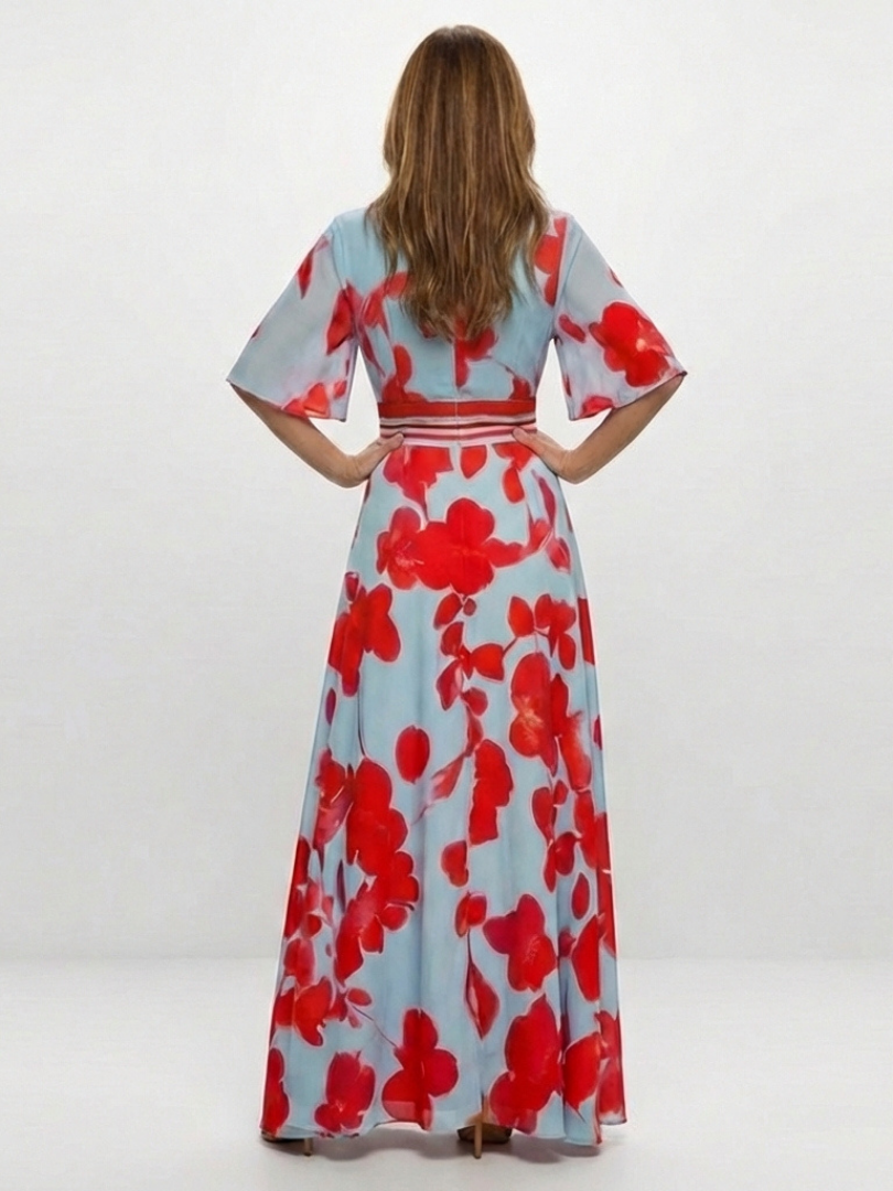 CORINNE | ROBE MAXI FLORALE À COL EN V ET MANCHES COURTES