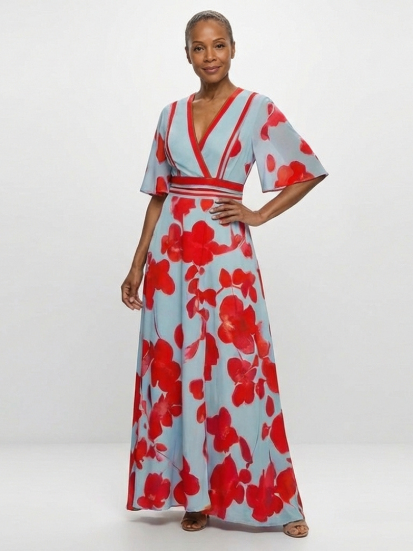 CORINNE | ROBE MAXI FLORALE À COL EN V ET MANCHES COURTES