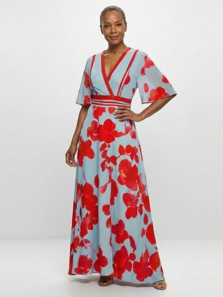 CORINNE | ROBE MAXI FLORALE À COL EN V ET MANCHES COURTES