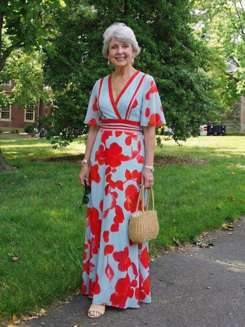 CORINNE | ROBE MAXI FLORALE À COL EN V ET MANCHES COURTES