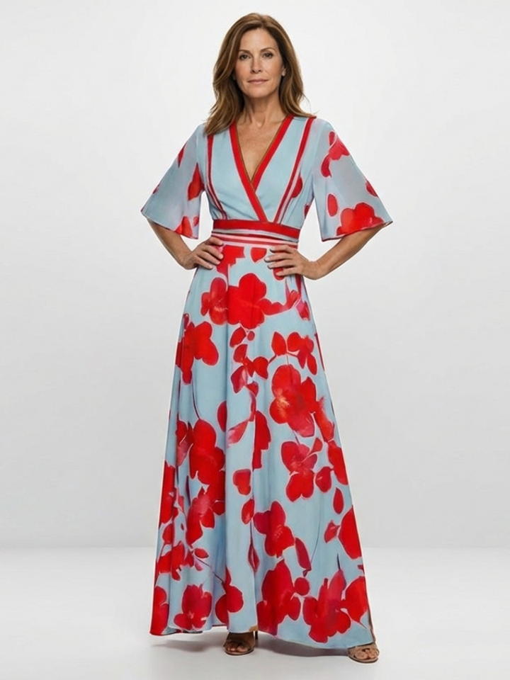 CORINNE | ROBE MAXI FLORALE À COL EN V ET MANCHES COURTES