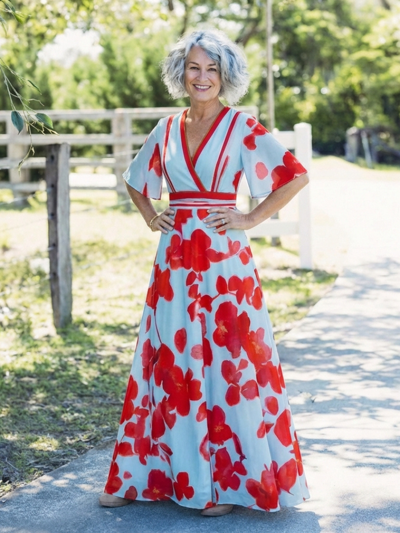 CORINNE | ROBE MAXI FLORALE À COL EN V ET MANCHES COURTES