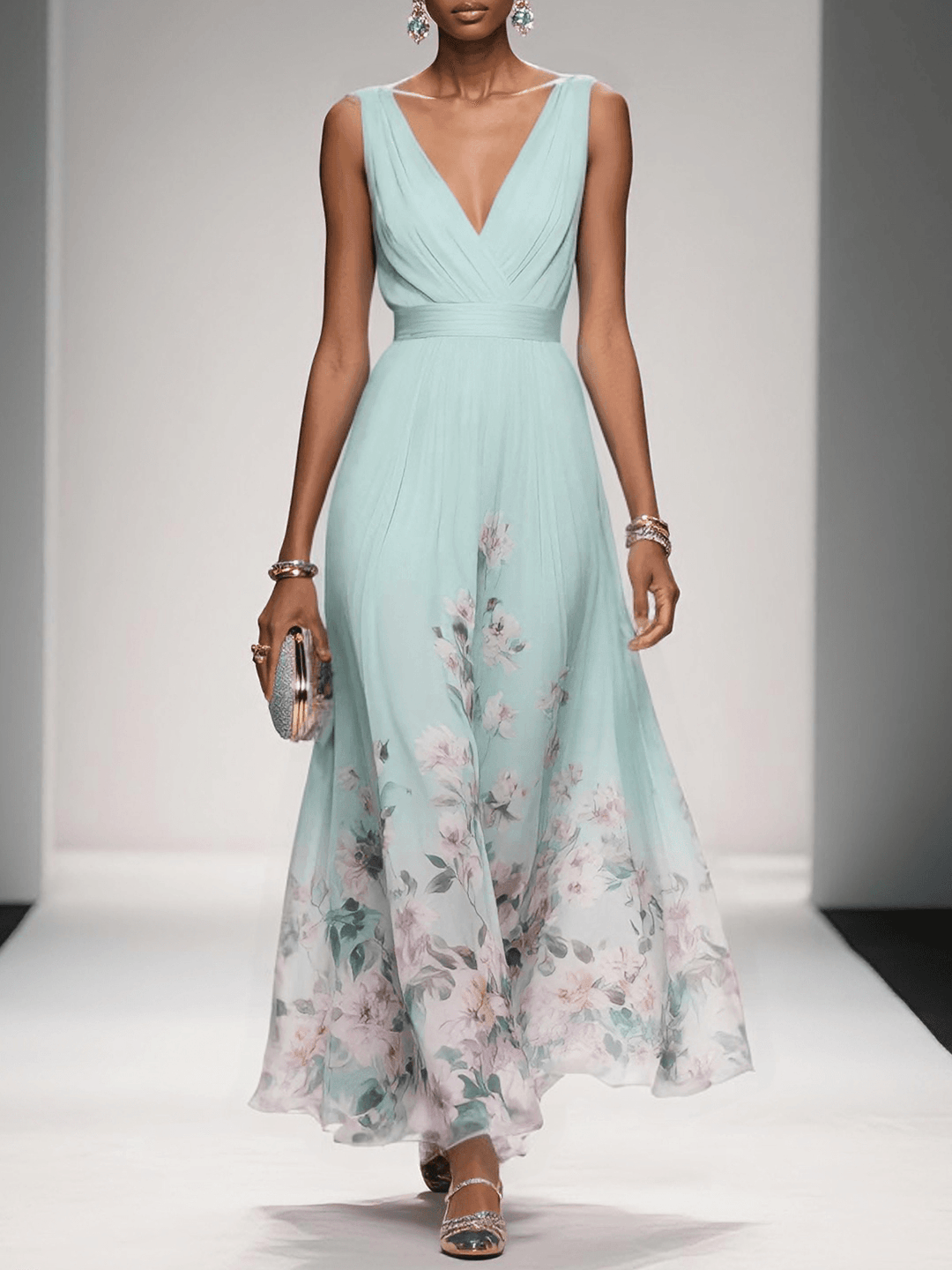 Rose | Robe Maxi Chiffon Fleurie V-Col Light Blue
