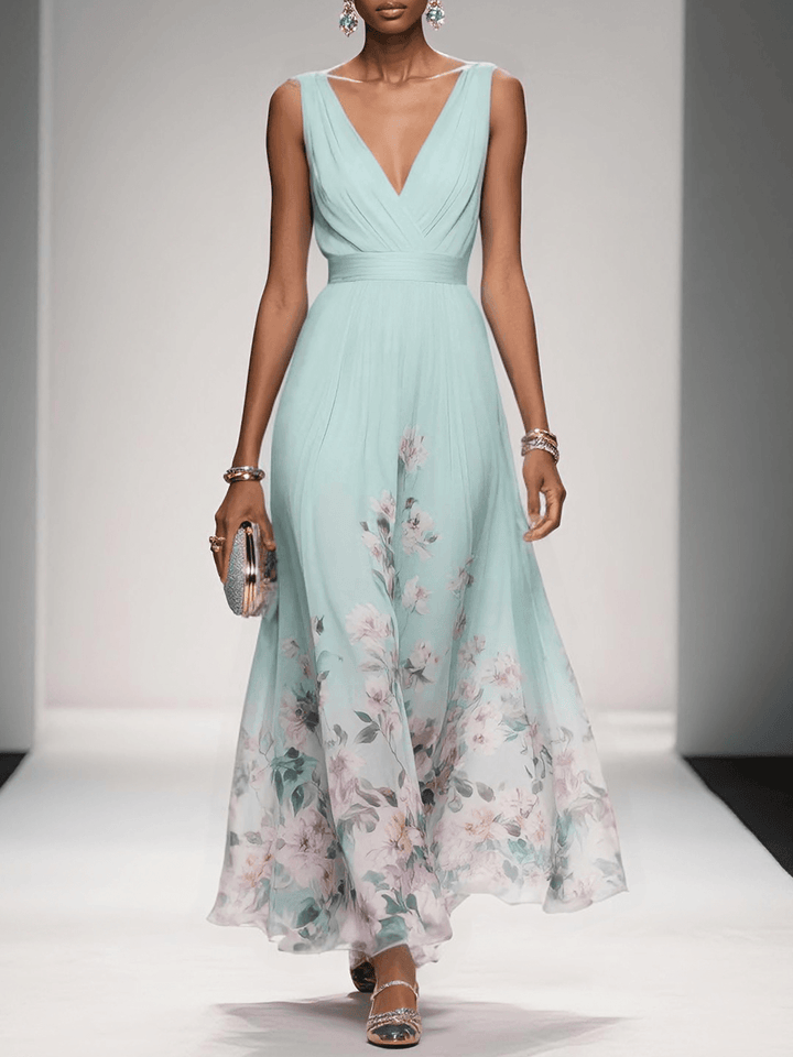 Rose | Robe Maxi Chiffon Fleurie V-Col Light Blue