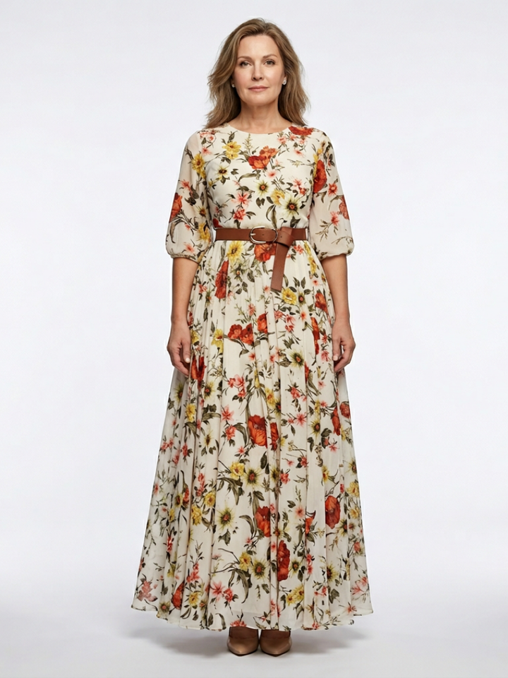 ODELIA | ROBE MAXI À ENCOLURE RONDE ET MANCHES TROIS QUARTS AVEC CEINTURE