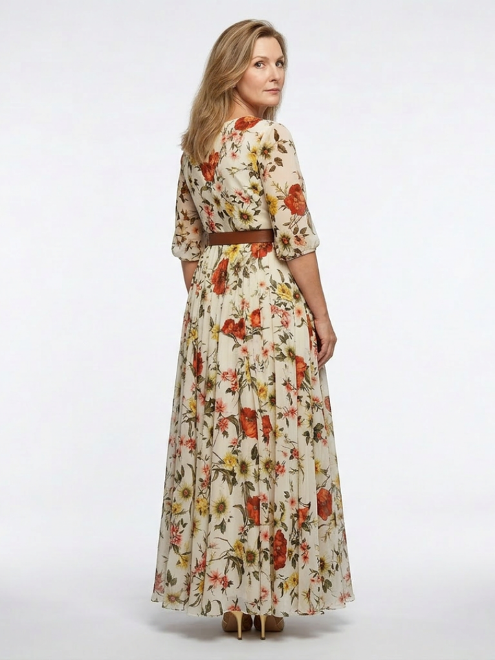 ODELIA | ROBE MAXI À ENCOLURE RONDE ET MANCHES TROIS QUARTS AVEC CEINTURE