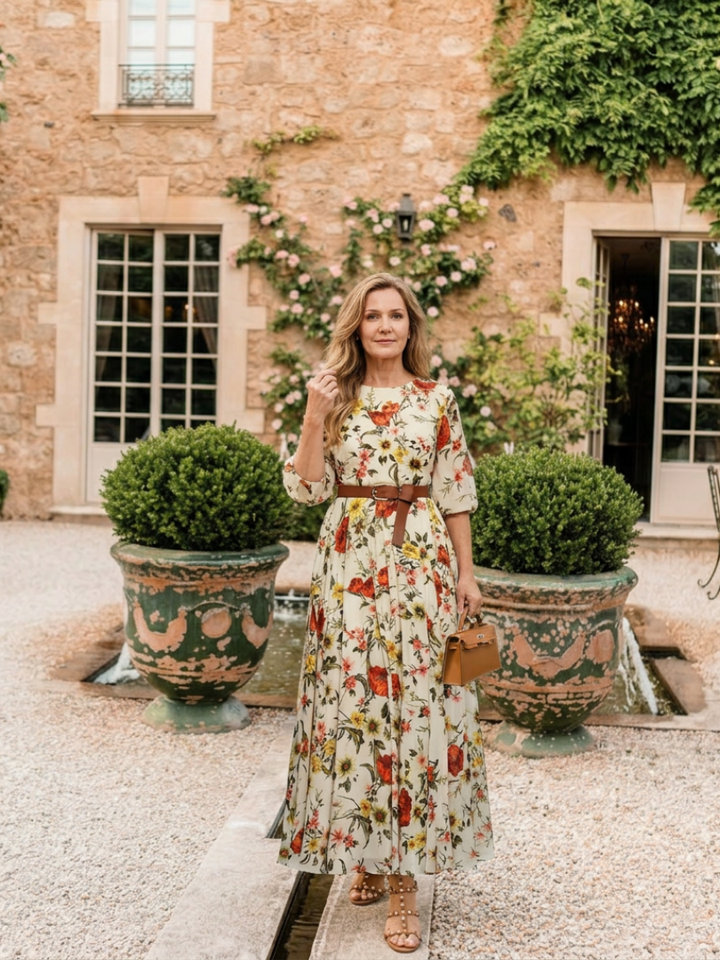 ODELIA | ROBE MAXI À ENCOLURE RONDE ET MANCHES TROIS QUARTS AVEC CEINTURE