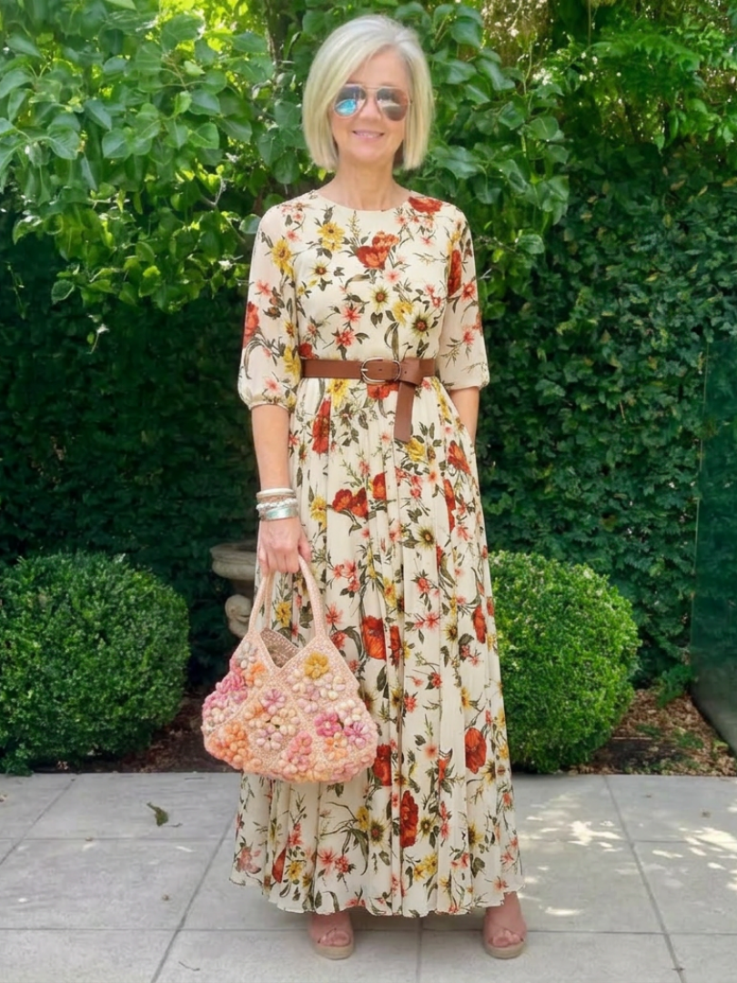 ODELIA | ROBE MAXI À ENCOLURE RONDE ET MANCHES TROIS QUARTS AVEC CEINTURE