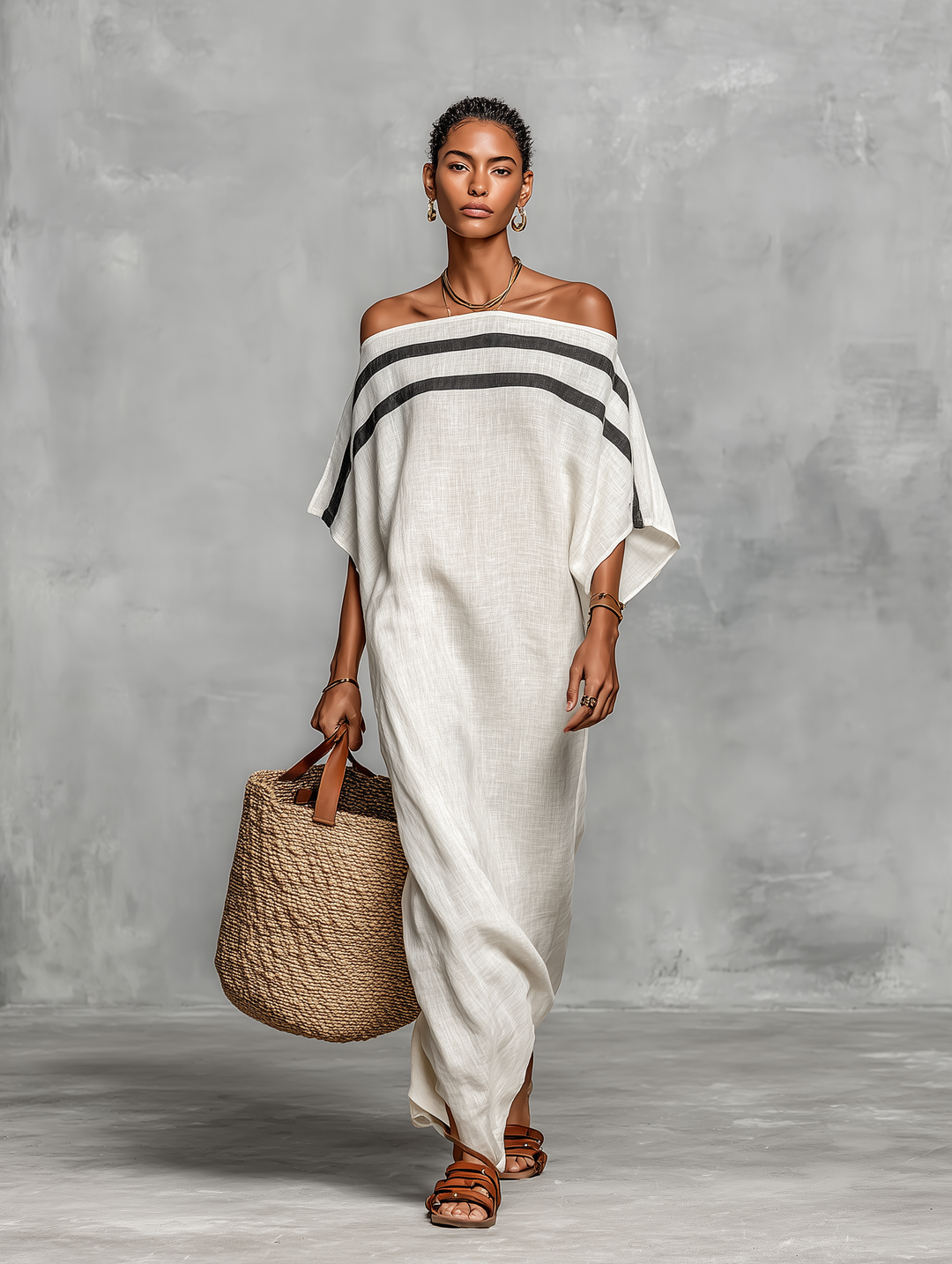 Robe Maxi Minimaliste pour Femmes avec Décolleté Off-the-Shoulder et Manches Chauve-Souris