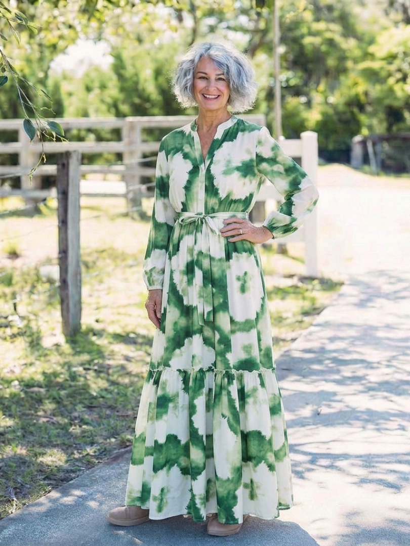SABINE | ROBE MAXI À MANCHES LONGUES AVEC CEINTURE