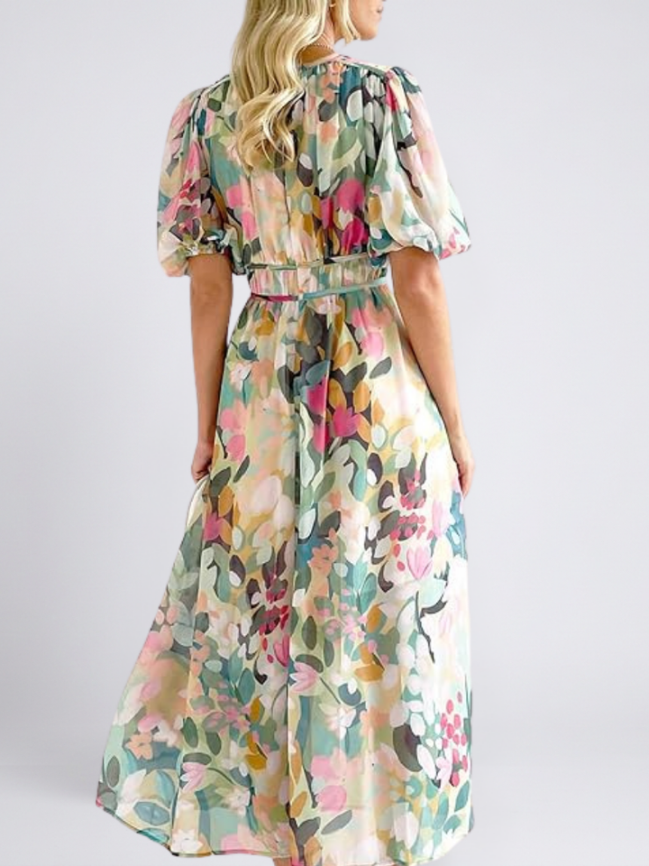 EULALIE | ROBE MIDI À COL EN V À MANCHES COURTES ET TAILLE RESSERRÉE