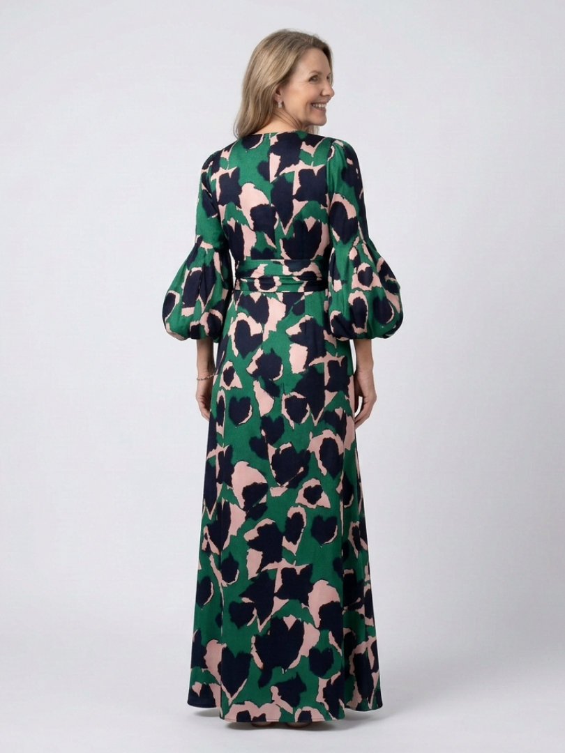 ISOLDE | ROBE MAXI À MANCHES LONGUES ET COL EN V AVEC CEINTURE