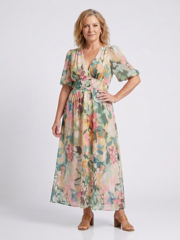 EULALIE | ROBE MIDI À COL EN V À MANCHES COURTES ET TAILLE RESSERRÉE