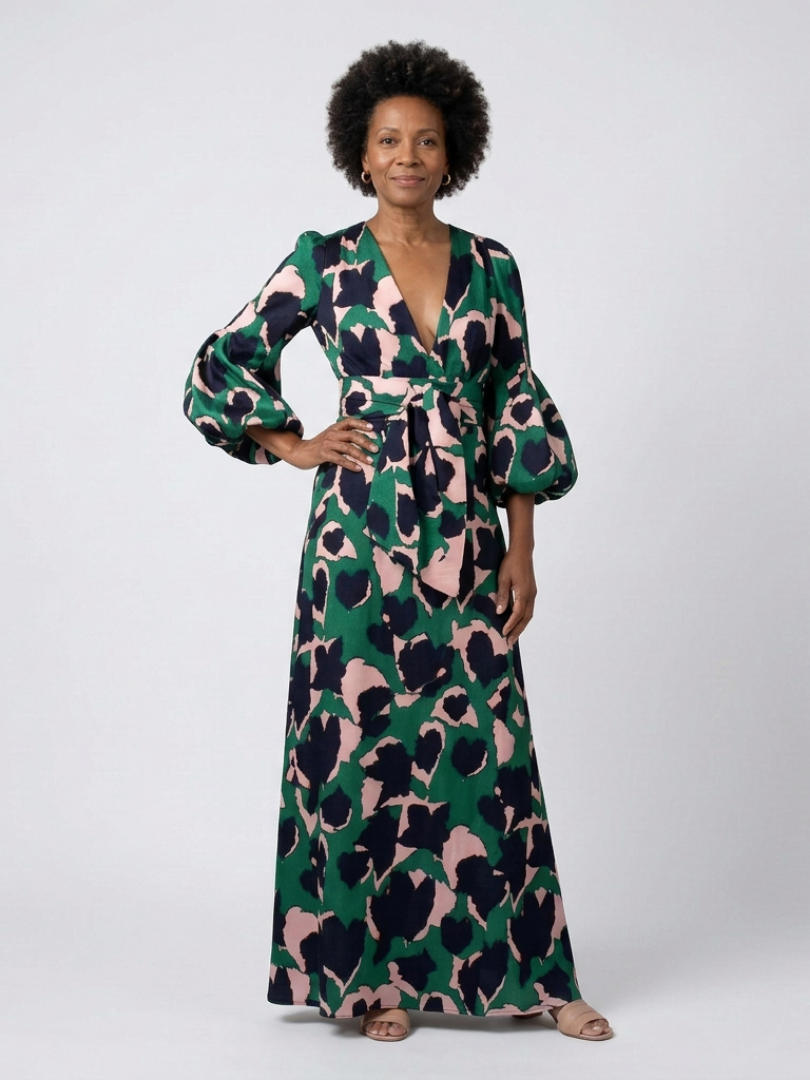 ISOLDE | ROBE MAXI À MANCHES LONGUES ET COL EN V AVEC CEINTURE