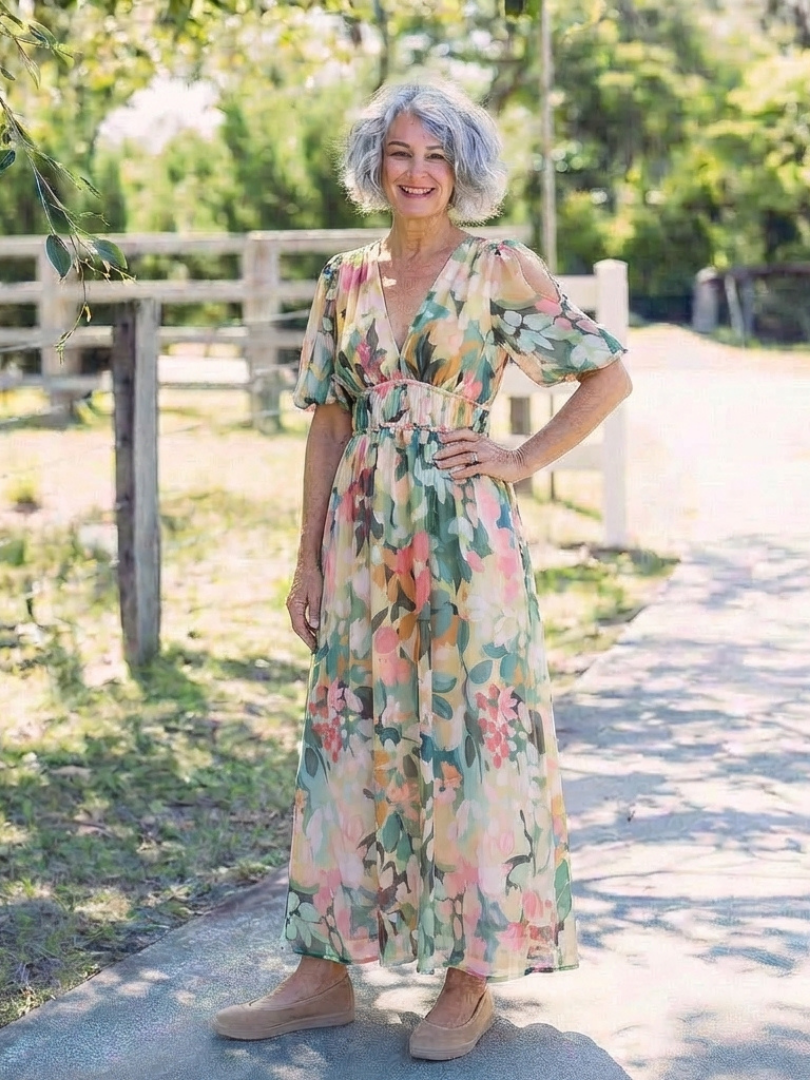 EULALIE | ROBE MIDI À COL EN V À MANCHES COURTES ET TAILLE RESSERRÉE