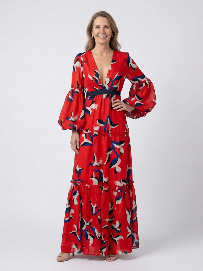 ISOLDE | ROBE MAXI À MANCHES LONGUES ET COL EN V AVEC CEINTURE