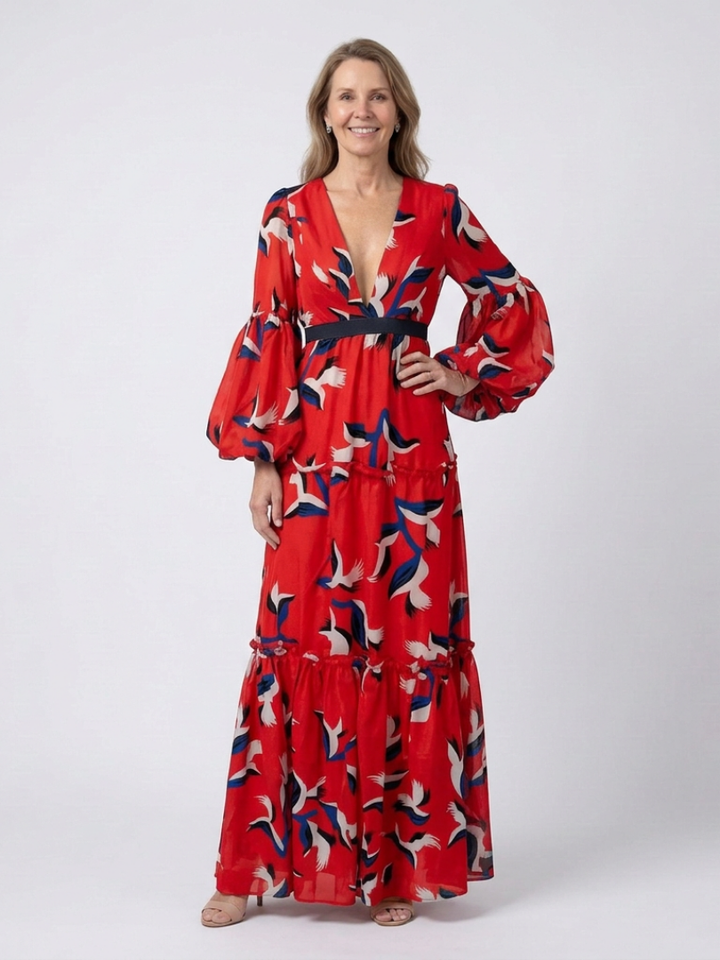 ISOLDE | ROBE MAXI À MANCHES LONGUES ET COL EN V AVEC CEINTURE