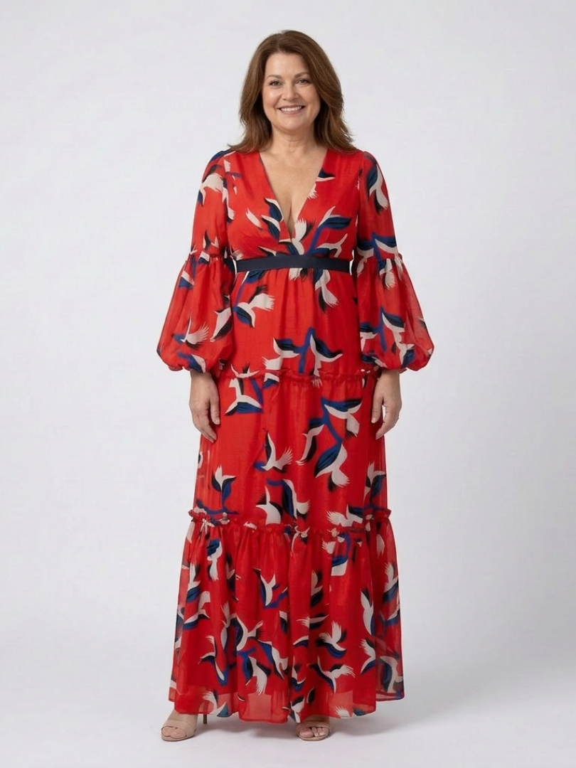 ISOLDE | ROBE MAXI À MANCHES LONGUES ET COL EN V AVEC CEINTURE