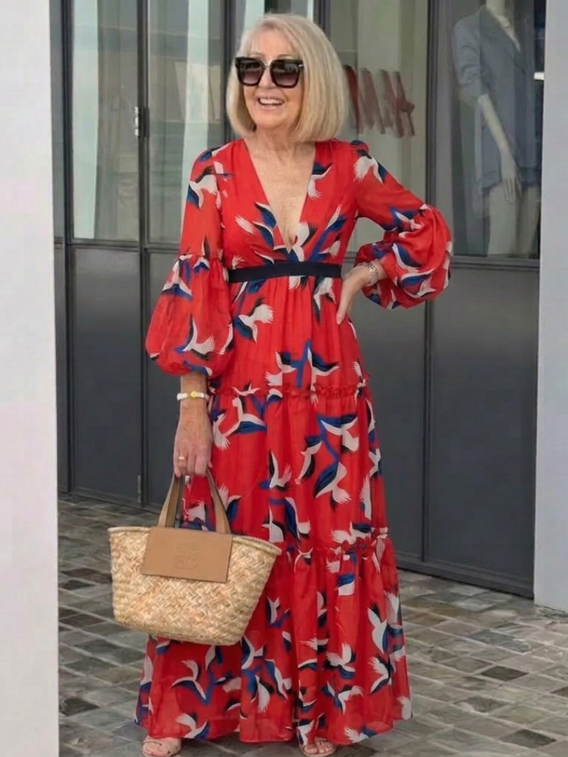 ISOLDE | ROBE MAXI À MANCHES LONGUES ET COL EN V AVEC CEINTURE
