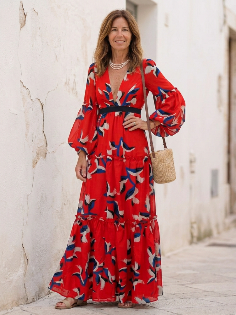 ISOLDE | ROBE MAXI À MANCHES LONGUES ET COL EN V AVEC CEINTURE