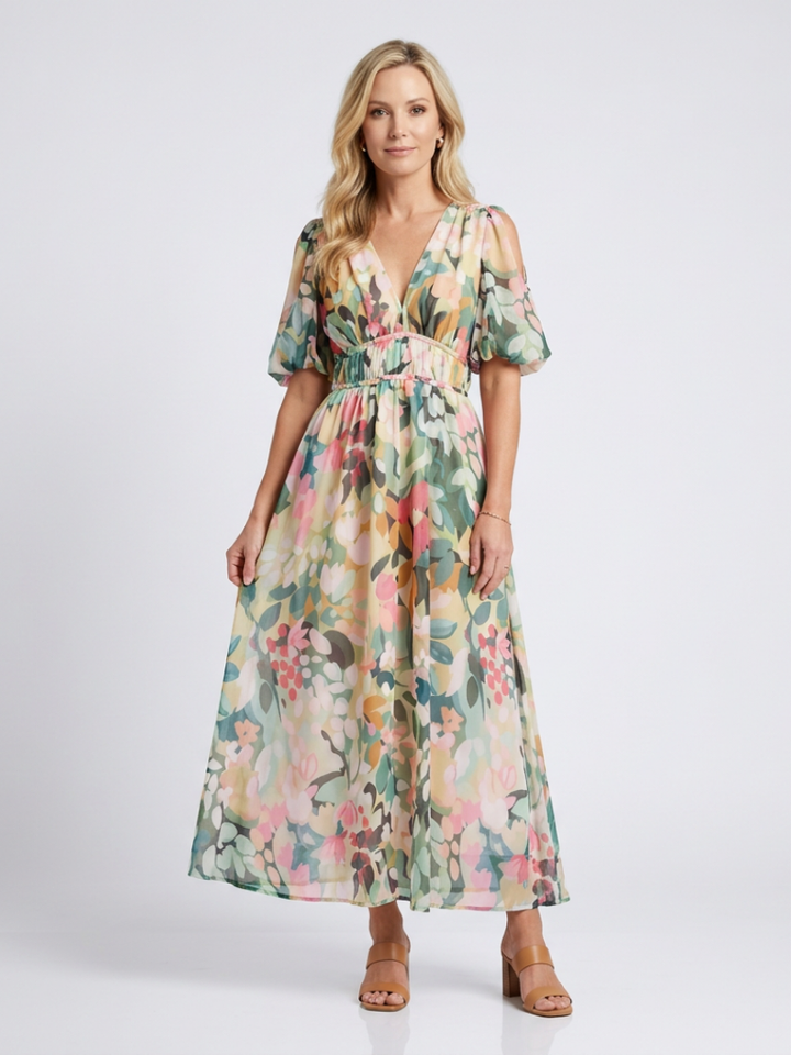 EULALIE | ROBE MIDI À COL EN V À MANCHES COURTES ET TAILLE RESSERRÉE