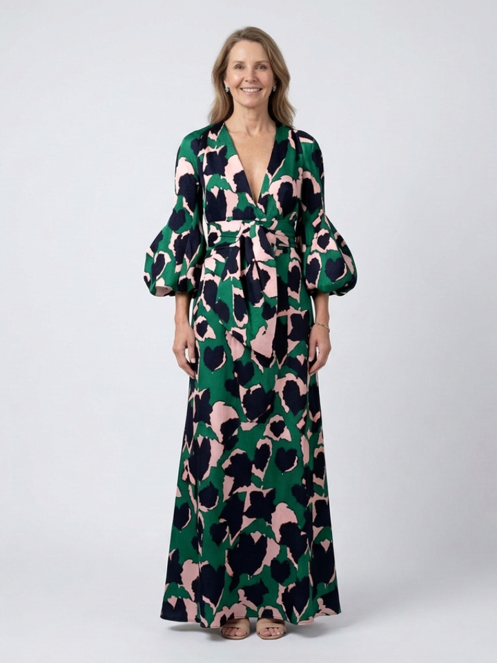 ISOLDE | ROBE MAXI À MANCHES LONGUES ET COL EN V AVEC CEINTURE
