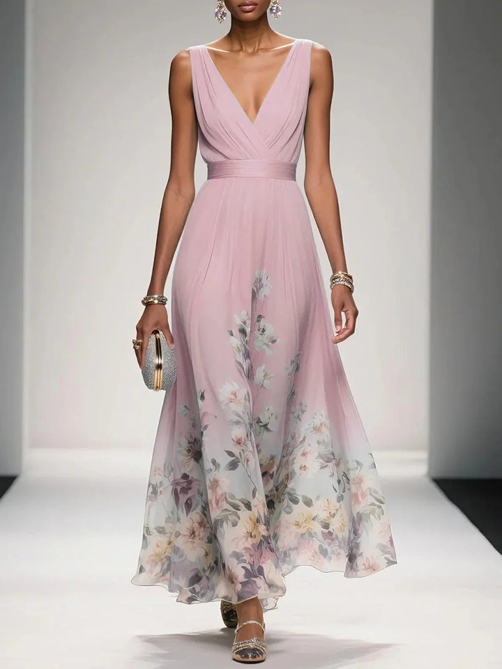 Rose | Robe Maxi Chiffon Fleurie V-Col Light Blue