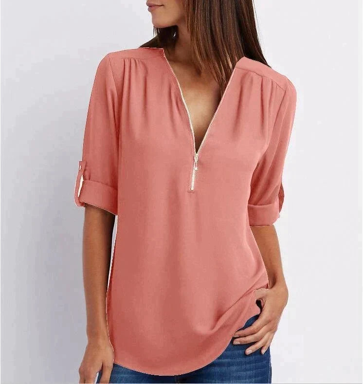 Lucas|Blouse à manches 3/4 en vrac avec fermeture éclair