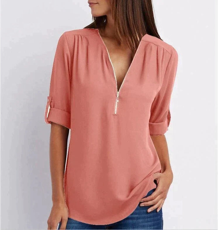 Lucas|Blouse à manches 3/4 en vrac avec fermeture éclair