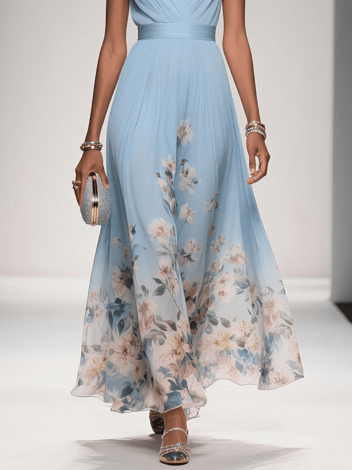Rose | Robe Maxi Chiffon Fleurie V-Col Light Blue