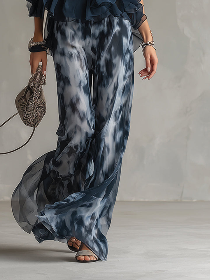 Ludovica – Ensemble en chiffon élégant avec top col montant et pantalons imprimés à jambes larges