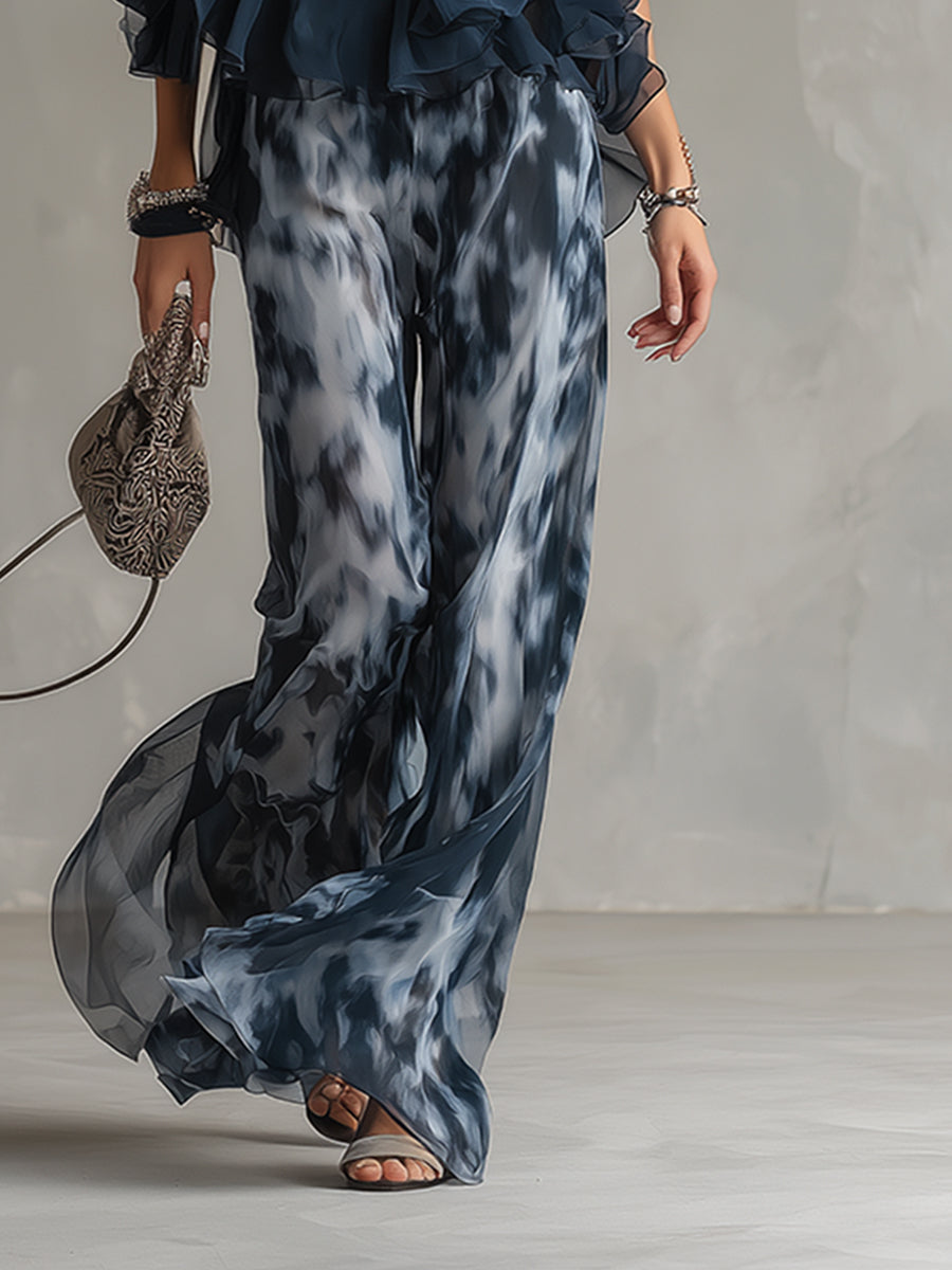 Ludovica – Ensemble en chiffon élégant avec haut à col montant et pantalon large imprimé