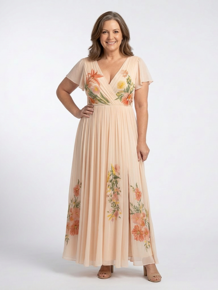 CALISTA | ROBE MAXI FLORALE PLISSÉE À COL EN V ET MANCHES COURTES