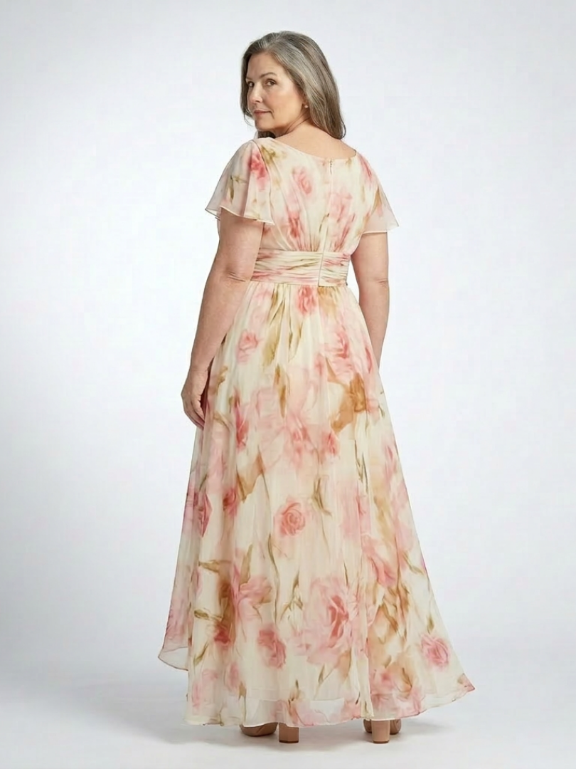 ELARA | ROBE MAXI FLORALE À COL EN V À MANCHES COURTES