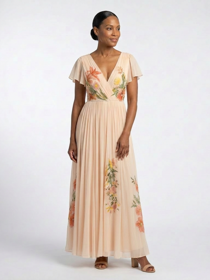 CALISTA | ROBE MAXI FLORALE PLISSÉE À COL EN V ET MANCHES COURTES