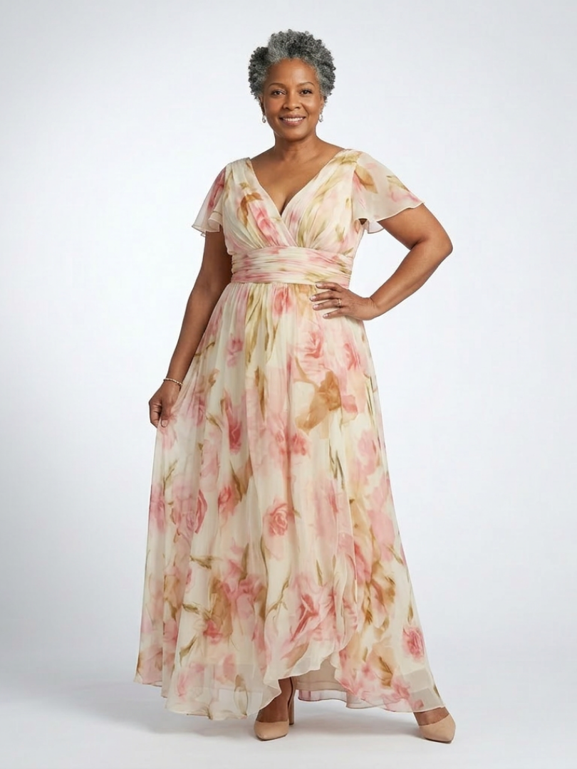ELARA | ROBE MAXI FLORALE À COL EN V À MANCHES COURTES