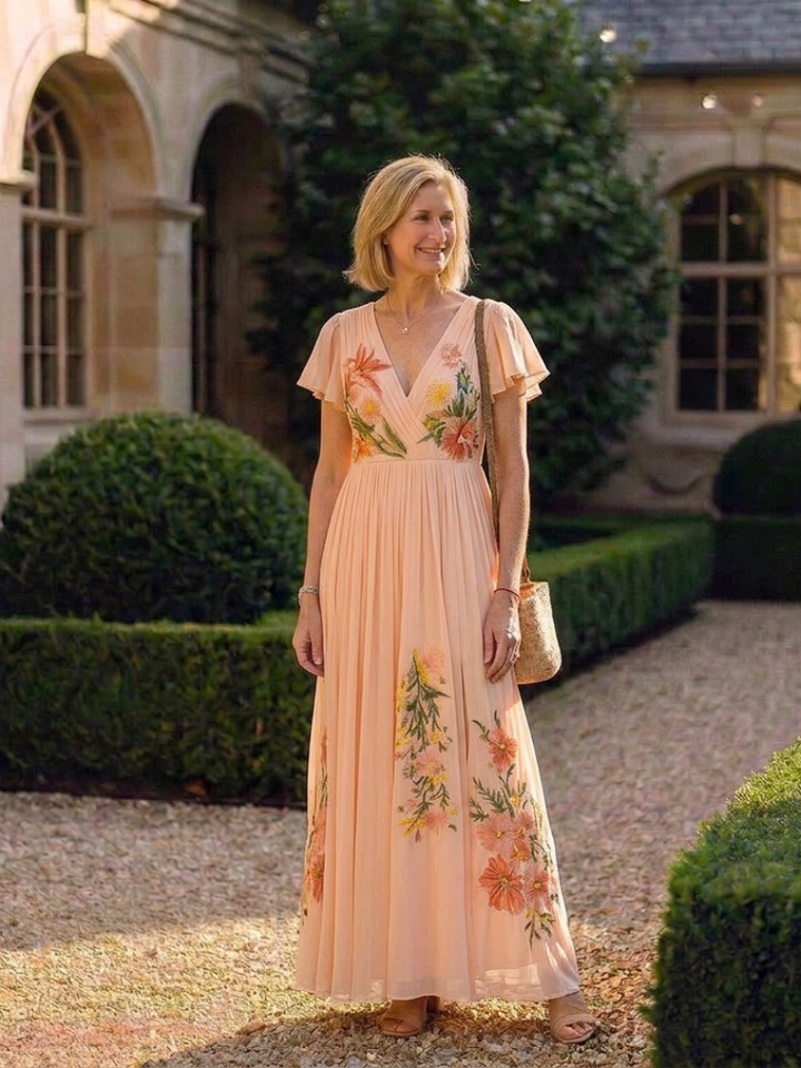 CALISTA | ROBE MAXI FLORALE PLISSÉE À COL EN V ET MANCHES COURTES